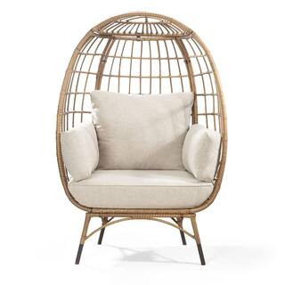 Outdoor Yellow Wicker Patio Swing Egg Chair with Beige Cushions | The Home Depot