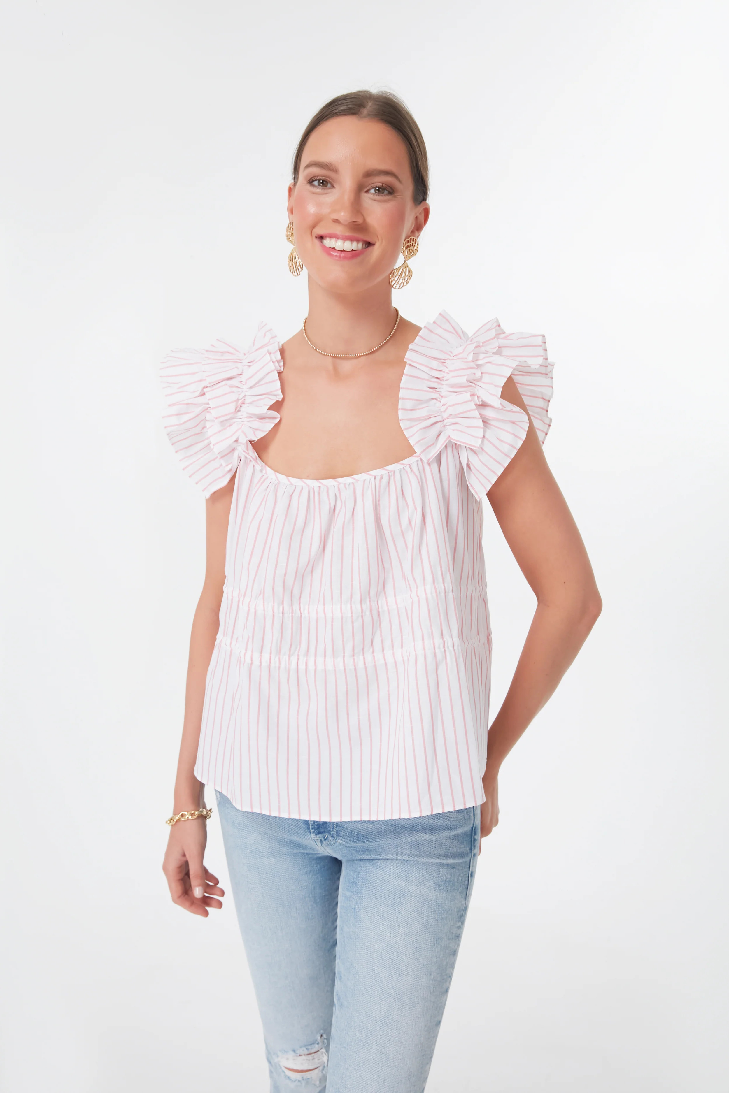White and Rose Pink Stripes Alize Blouse | Tuckernuck (US)