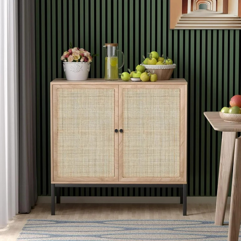 Buffet Sideboard Cabinets with Handmade Natural Oval Rattan Doors 1 piece, Accent Oak Color Entry... | Walmart (US)