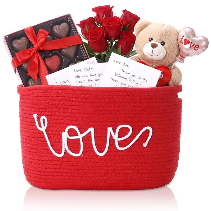 1 Pack Valentines Empty Basket for Gifts with “Love” Cotton Rope Pattern, Woven Baskets with ... | Amazon (US)