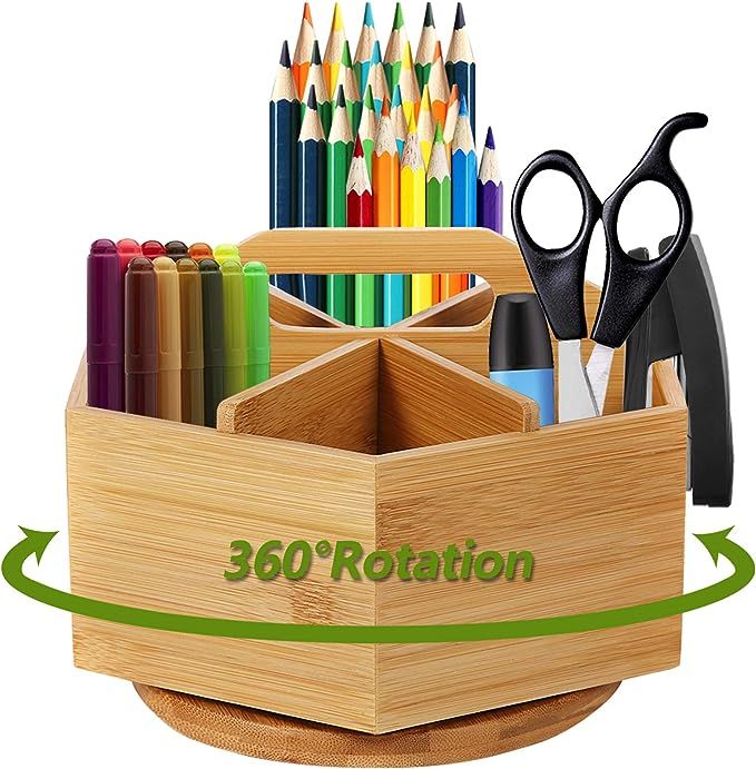 Marbrasse Bamboo Art Supply Organizer, Rotating Pencil Pen Holder with 6 Compartments, Hold 400+ ... | Amazon (US)