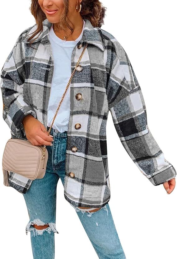 Flygo Women's Brushed Shacket Jacket Plaid Wool Blend Loose Long Sleeve Button Down Shirt | Amazon (US)