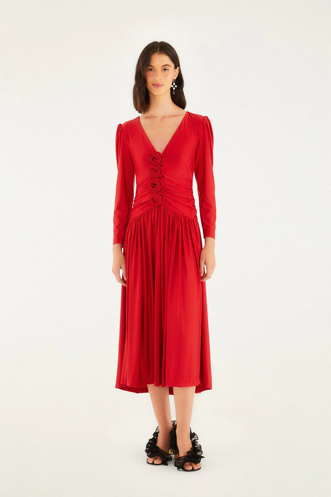 Red 3d Roses Long Sleeve Draped Midi Dress | FARM Rio | FarmRio (US)