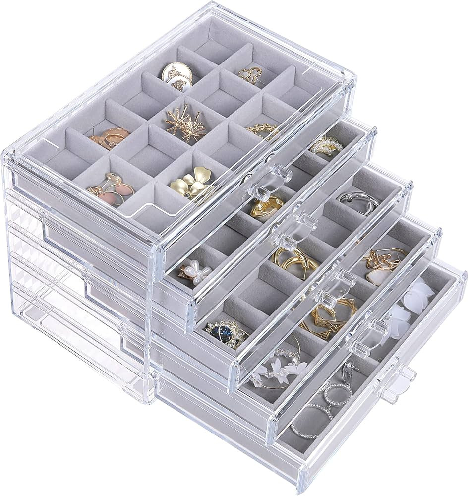 misaya Earring Jewelry Organizer with 5 Drawers, Present for Mom, Clear Acrylic Jewelry Box for W... | Amazon (US)