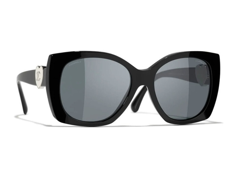 Chanel Black Oversize Black Frame w White Enamel Heart/ Gray Lenses Sunglasses | JTV Jewelry