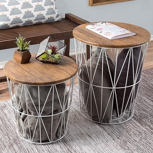 Lavish Home Convertible Round Metal Basket Veneer Wood Top Accent Side Home and Office Nesting En... | Amazon (US)