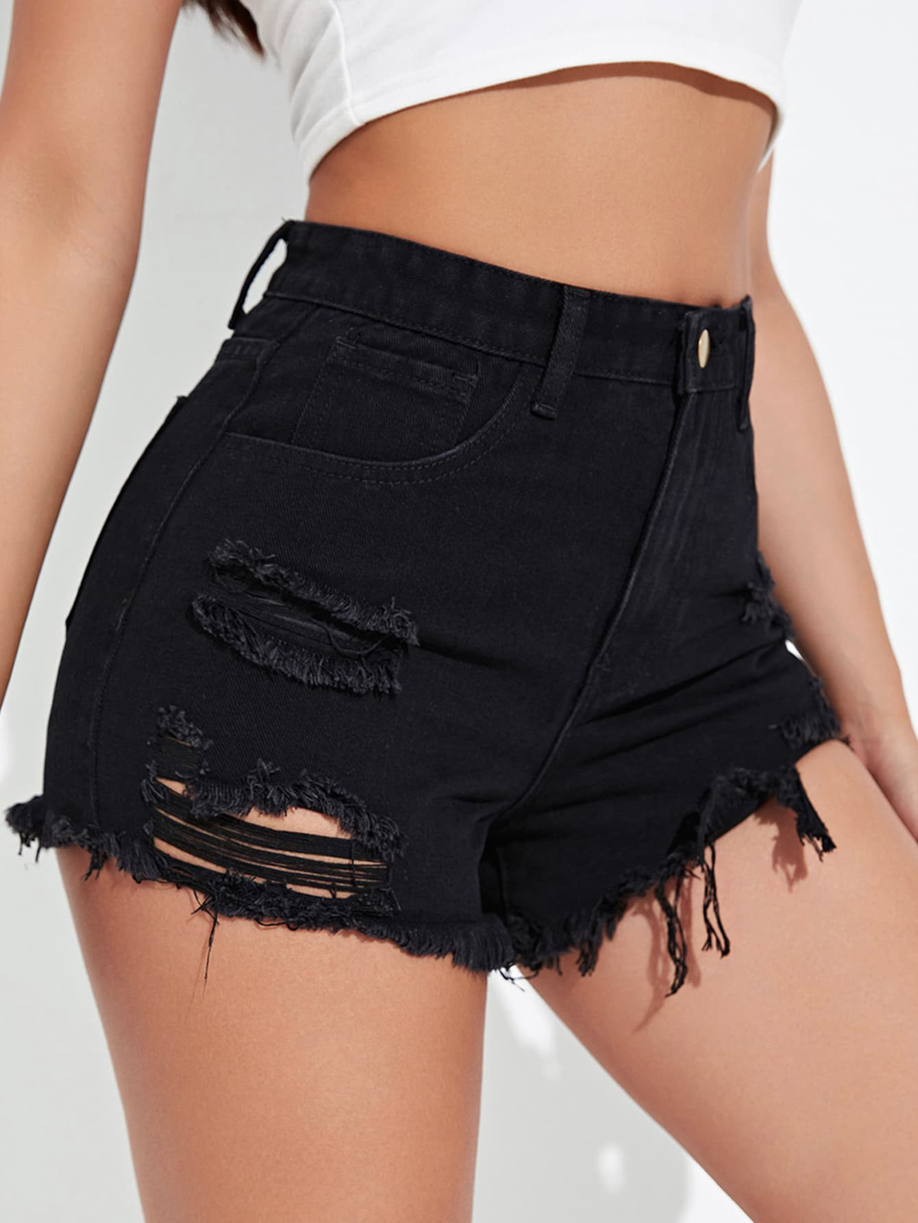 High Waist Ripped Raw Trim Denim Shorts | SHEIN