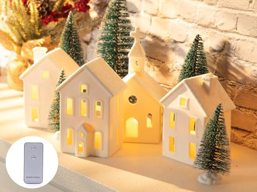BUTITNOW 9 Pcs Christmas Village Figurines Sets - 4 Lighted Ceramic Houses with Remote Control & 5 Trees - Christmas Decorations Indoor - White Xmas Holiday Farmhouse Rustic Decor for Home Table Room | Amazon (US)