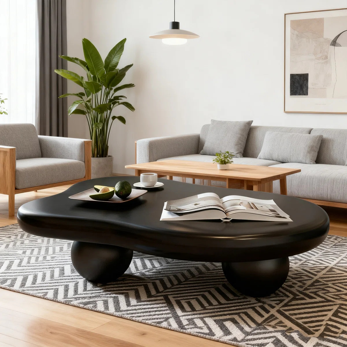 39.4" Modern Cloud Coffee Table – Black Irregular Oval Top With Wood Ball Tripod Base, Soft Mat... | Wayfair North America