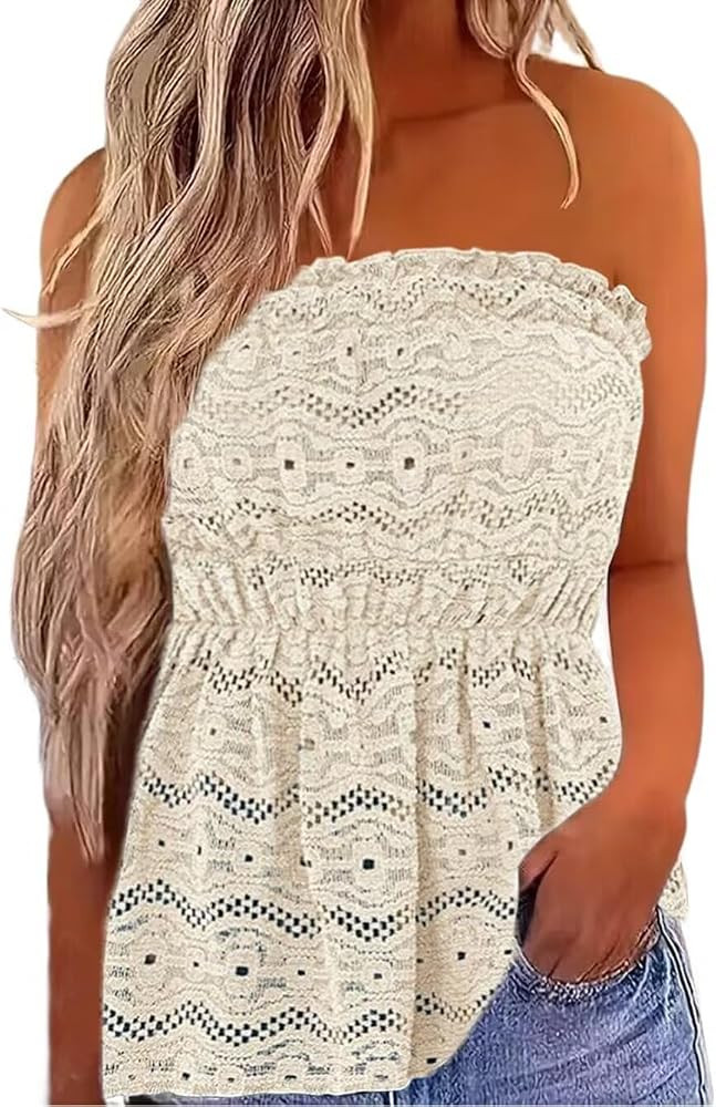 Patchwork Print Tube Tops Women Elastic Trim Strapless Vintage Blouse Multicolour Off The Shoulde... | Amazon (US)