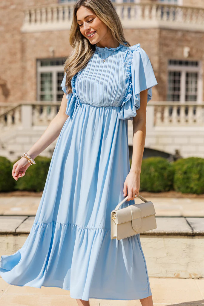 All The Good Light Blue Ruffled Midi Dress | The Mint Julep Boutique