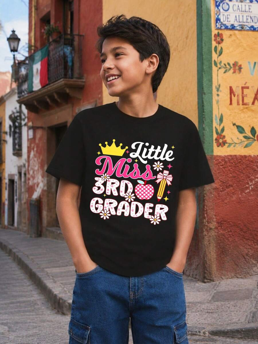 Cute Back To School, Kids T-Shirt, Little Miss 3rd Grader Crown Pencil Print, Soft Cotton Blend, Boys Girls Elementary Student, Single Pack | SHEIN