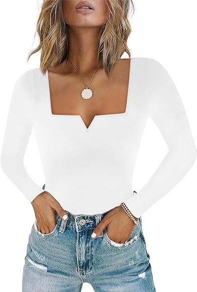 Chunpin Women's Square Neck Notch V Neck Long Sleeve Bodysuit Tops Double Lined Thong Bodysuit | Amazon (US)