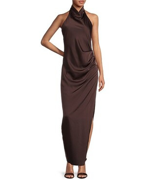Yelena Satin High Mock Neck Sleeveless Long Sheath Dress | Dillard's