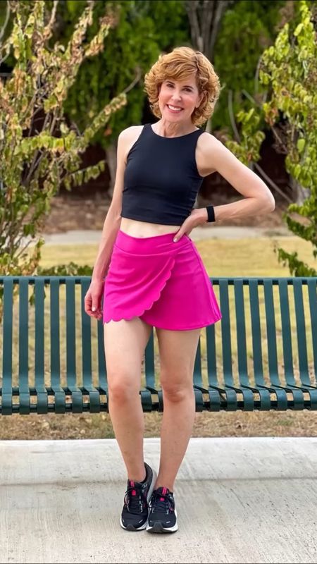 Cute workout outfits DEFINITELY keep me motivated to move my body!

This darling scallop-edge skirt has a high waist, fits TTS, and also comes in white. I paired it with a high neck cropped tank. It has a built in shelf bra with removable padding and it runs a little small. It also comes in white. 

#LTKfindsunder50 #LTKVideo #LTKfitness