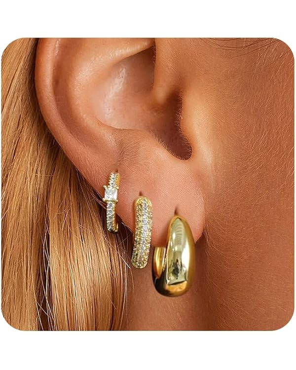 Gold Hoop Earrings Set for Women, 14K Gold Plated Small Gold Earrings Sets for Multiple Piercing,... | Amazon (US)