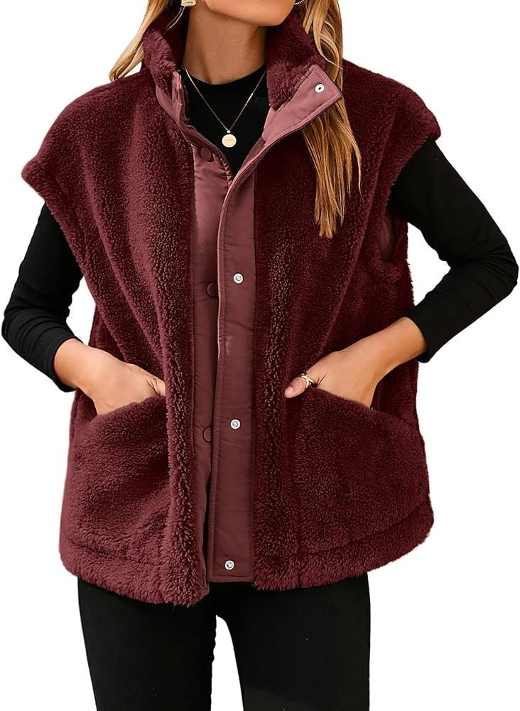 Glamaker Womens Fuzzy Fleece Vest Casual Loose Sherpa Vest Faux Fur Button Down Sleeveless Jacket... | Amazon (US)