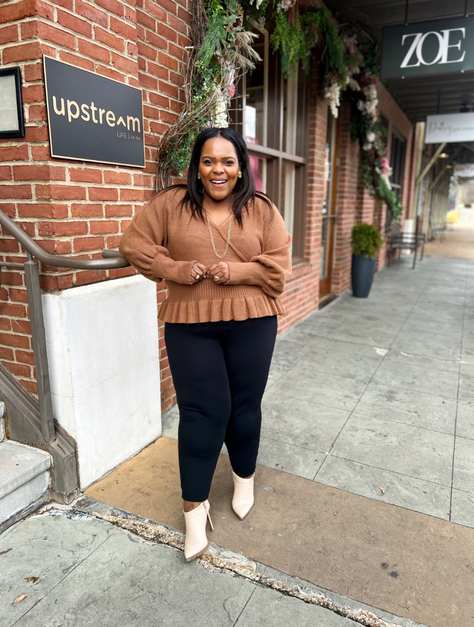 Brown peplum sweater | Express | outfit ideas | curvy friendly | tops | sweaters | under $100 | Spanx | neutral | wardrobe | Spring 

#LTKunder100 #LTKstyletip #LTKFind