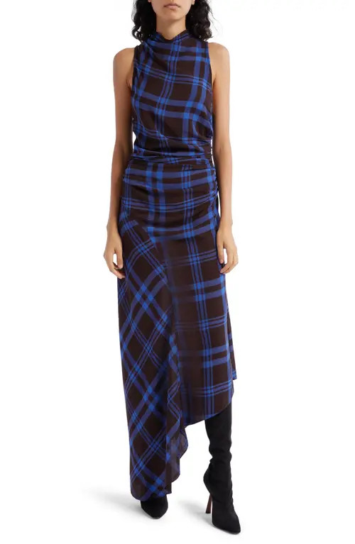 A.L.C. Iggy Plaid Ruched Asymmetric Hem Dress in Brown/Royal at Nordstrom, Size 6 | Nordstrom
