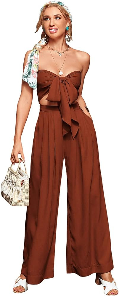 SweatyRocks Women's 2 Piece Sexy Outfits Sleeveless Tie Front Crop Top Wide Leg Pants Set | Amazon (US)