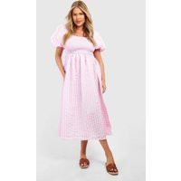 Womens Plus Textured Gingham Puff Sleeve Midi Dress - Pink - 24 | boohoo (US & Canada)
