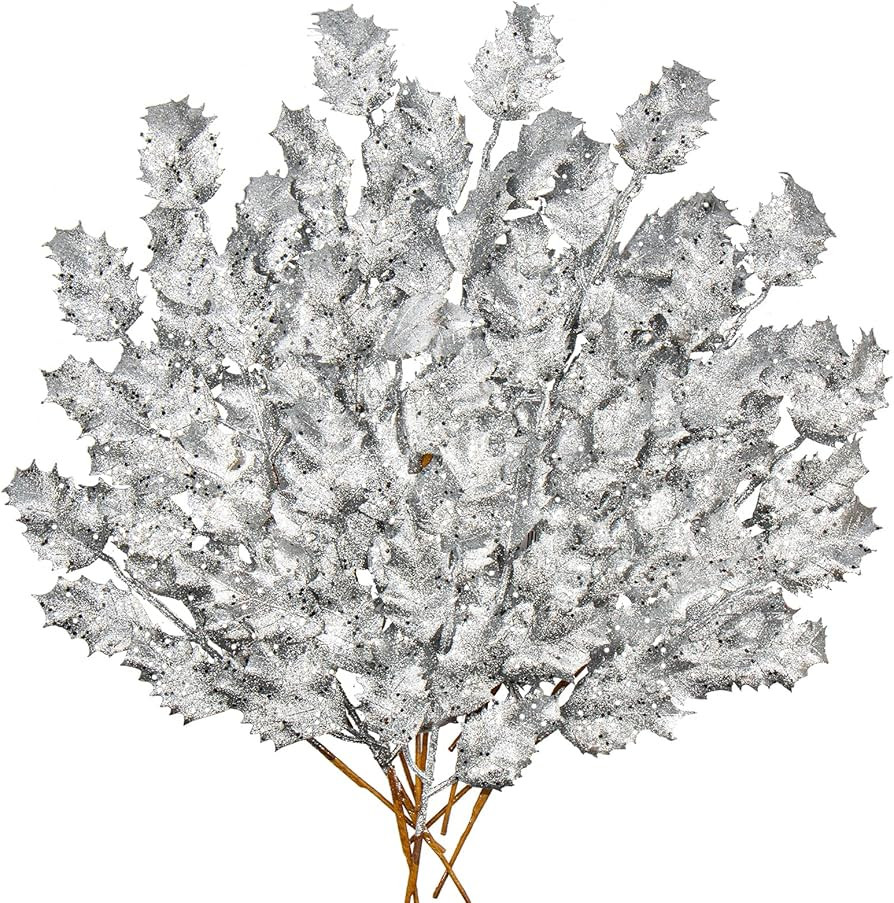 DILATATA 20 Pcs Christmas Glitter Holly Leaves 11" Silver Artificial Glitter Leaf Spray Christmas... | Amazon (US)
