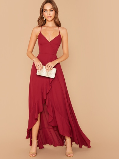 SHEIN Crisscross Lace Up Back Ruffle Asymmetrical Hem Slip Dress | SHEIN