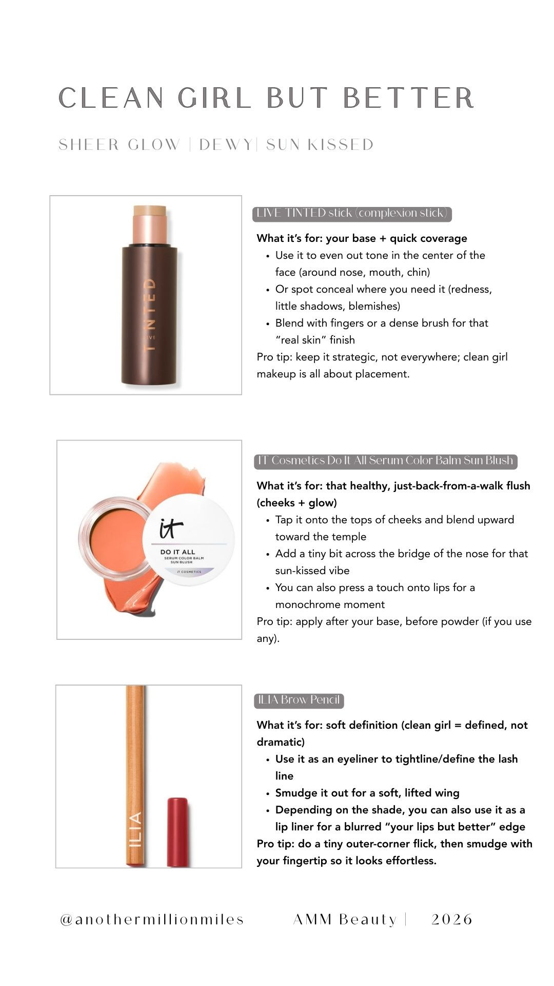 I use the Live Tinted complexion stick for quick base + spot coverage, IT Cosmetics sun blush for that “just went outside” flush, and the ILIA pencil to softly define brows/eyes/lips. 

Shop the exact products below
 

 #LTKSpringSale #LTKgrwm #LTKBeauty