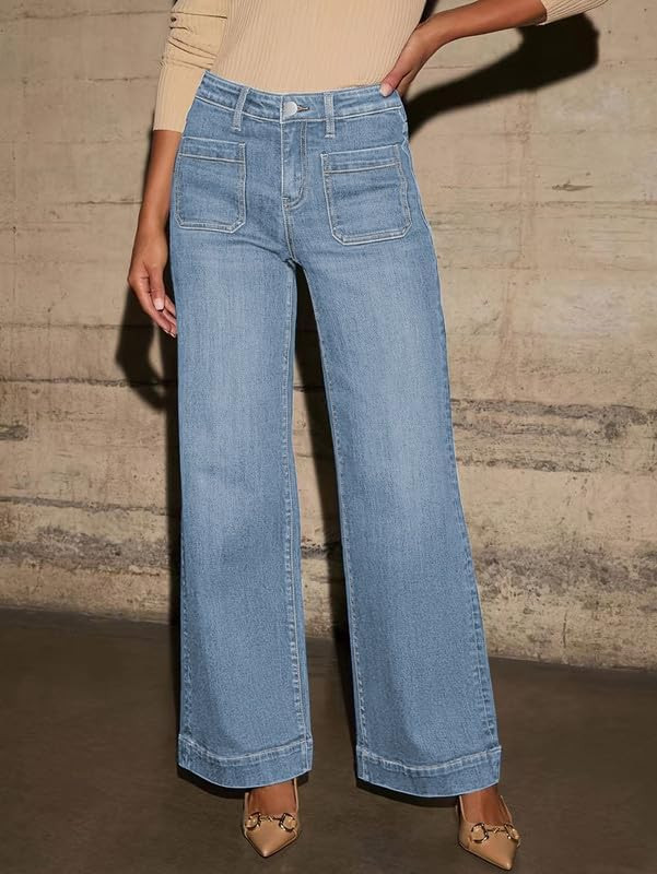 Women's High Waisted Wide Leg Jeans Stretchy Denim Pants with Patch Pockets Trendy Casual Trouser... | Amazon (US)
