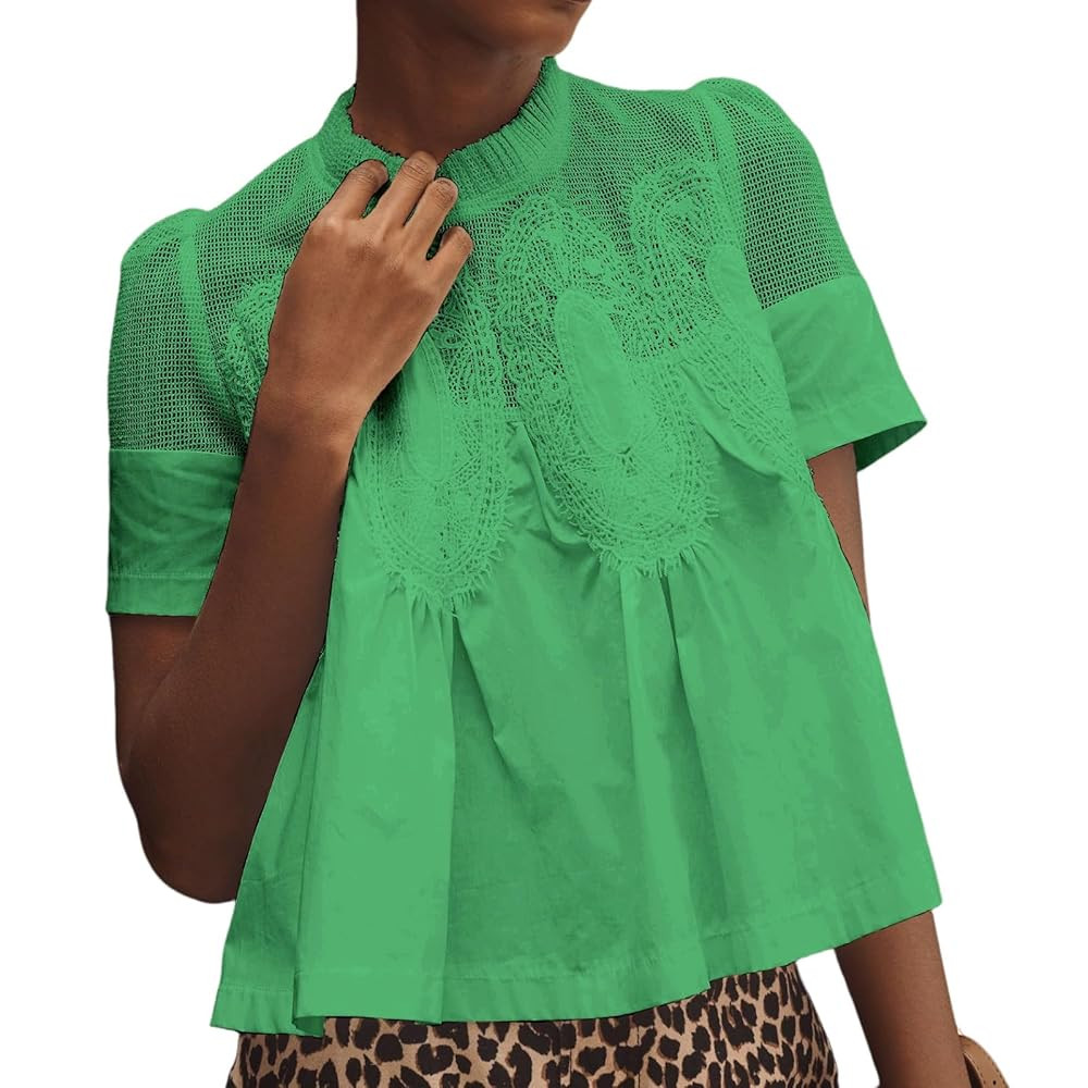 VAOYIU Women Lace-Detail Flared Blouse Short-Sleeve Crew Neck Lace Poplin Mesh Swing Top Elegant ... | Amazon (US)