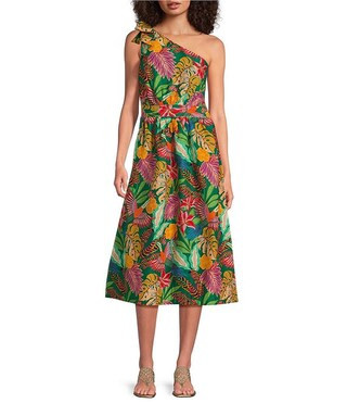 Gibson & Latimer Woven Tropical Print One Side Tie Shoulder Asymmetrical Neck Midi Sheath Dress |... | Dillard's