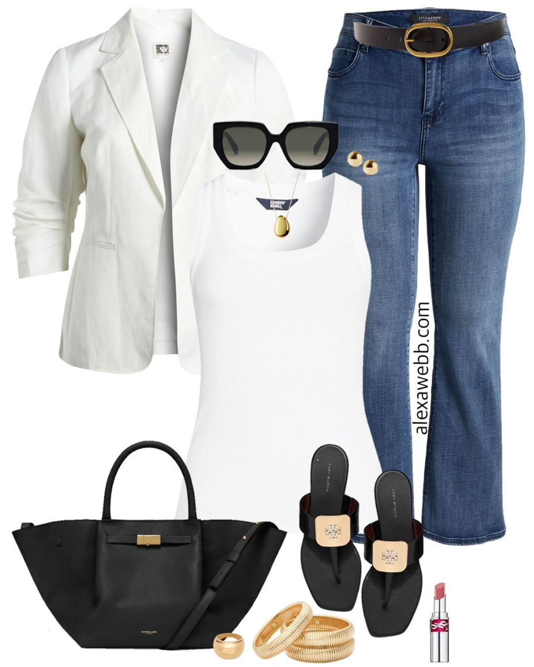 Plus Size White Linen Blazer Outfits - A cute plus size casual outfit for spring and summer with a plus size white linen blazer. Add flare jeans, black flat sandals, black sunglasses, and a black DeMellier tote. Alexa Webb

#LTKStyleTip #LTKSeasonal #LTKPlusSize