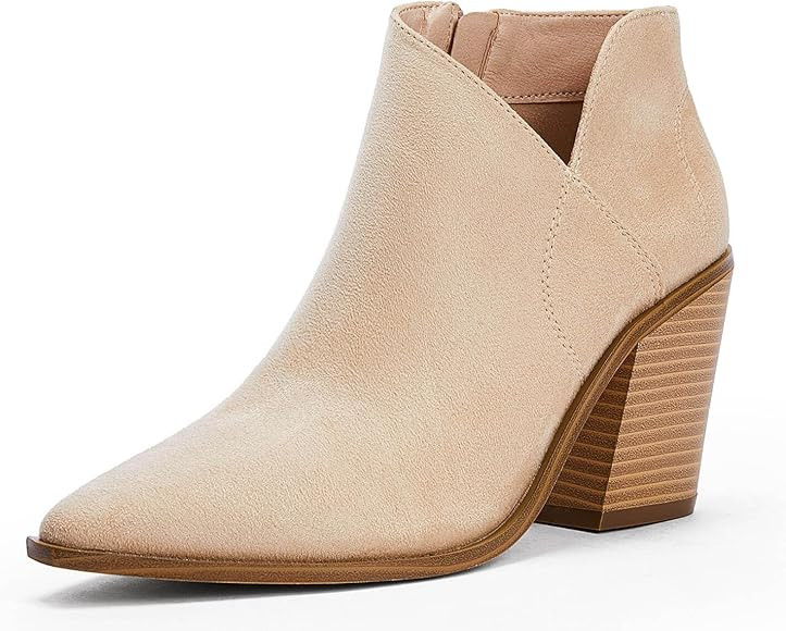 Womens Pointed Toe Ankle Boots Block Stacked Chunky Heel Cutout Side Zipper Fall Booties Shoe | Amazon (US)