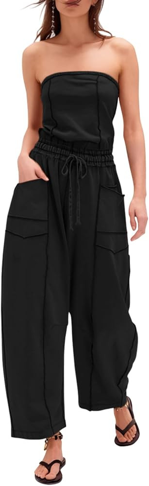 Sexyasasii Womens Casual Strapless Jumpsuits Off Shoulder Long Wide Leg Pants Drawstring One Piec... | Amazon (US)