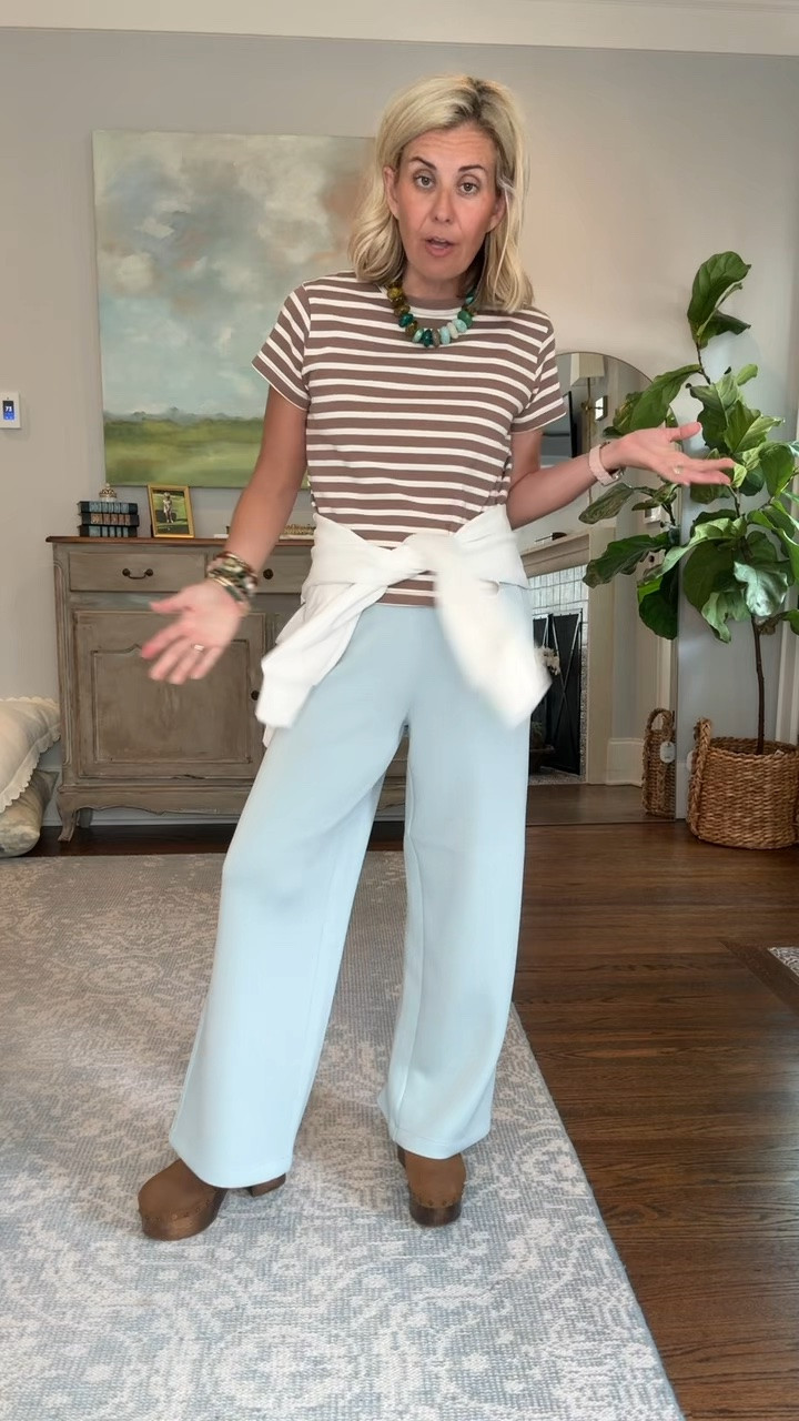 The new Spanx Air Essentials Pintuck Wide Leg Pants have quickly a favorite! ￼

Pants - small petite 
Tee & Half Zip - xs
Clogs - 8 tts 

CODES- 
*Spanx - LTK20 for 20% off full priced Spanx in the LTK app
*Allie + Bess - Catherine20
