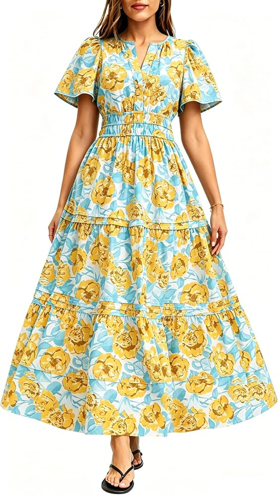 Women Summer Casual Cotton Flowy Tiered Maxi Dress with Smocked Waist and Pockets DRL | Amazon (US)