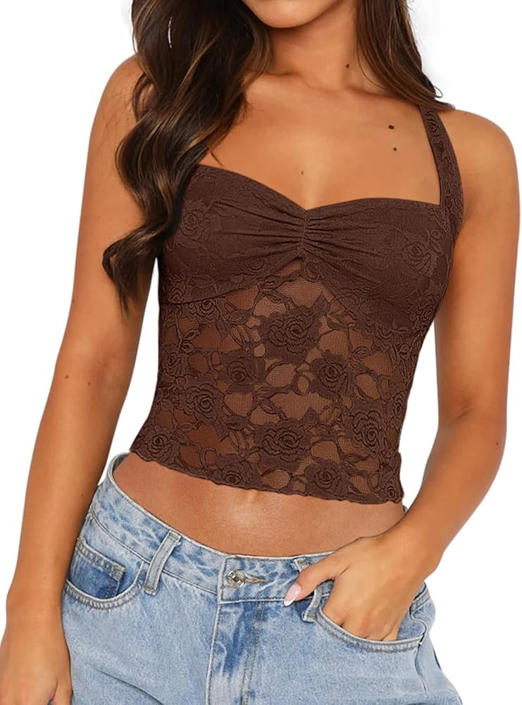 REORIA Lace Tops for Women Halter Sexy Going Out Tank Crop Y2K Fashion Top 2026 Trendy | Amazon (US)