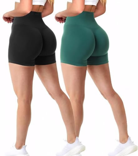 gaimoliso Womens Workout Gym Shorts 2 Pack Seamless High Waist Scrunch Butt Lifting Athletic Yoga Shorts,X-Small,Black/Green | Amazon (US)