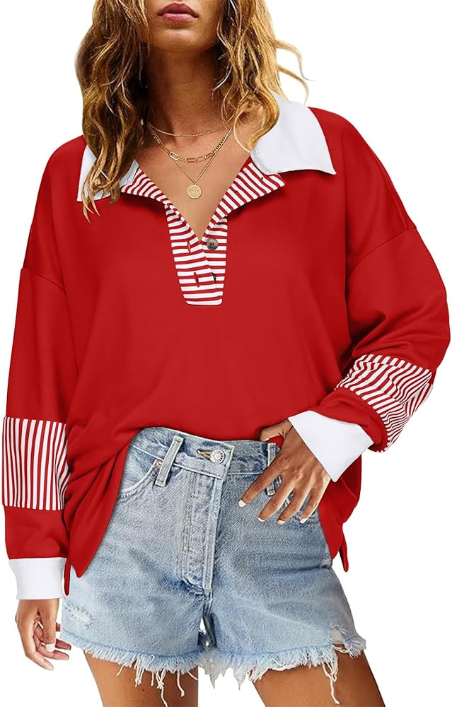 Zeagoo Women's Sweatshirt Striped Long Sleeve Henley Button Casual Pullover Tunic Tops 2024 Fall ... | Amazon (US)