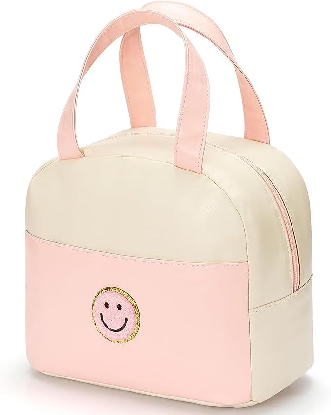 Lunch Bag for Women Large Insulated Lunch Box Reusable Lunch Tote with Smiley Preppy Soft Leather... | Amazon (US)