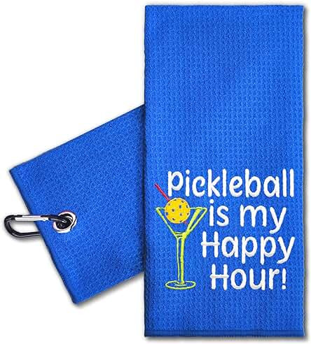 ERHACHAIJIA Pickleball is My Happy Hour Embroidered Pickleball Sports Towel with Clip. Funny Pickleball Gifts for Men Women Pickleball Lover, Birthday Retirement Mother's Day | Amazon (US)