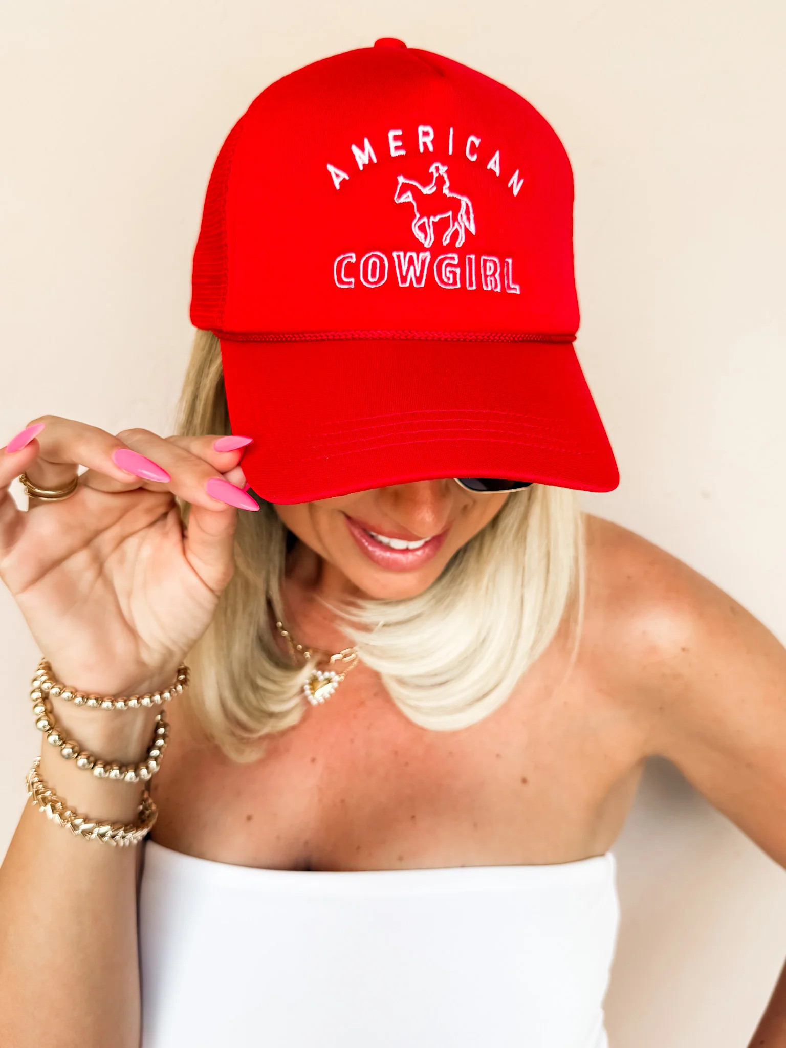 American Cowgirl Embroidered Trucker Hat-Red | Ruthie Grace