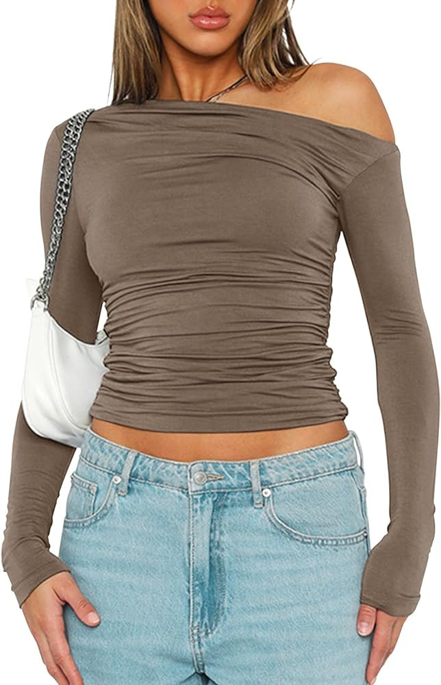 CAIAQAZY Women One Off The Shoulder Long Sleeve Crop Top T Shirts Ruched Slim Fit Asymmetrical Ne... | Amazon (CA)