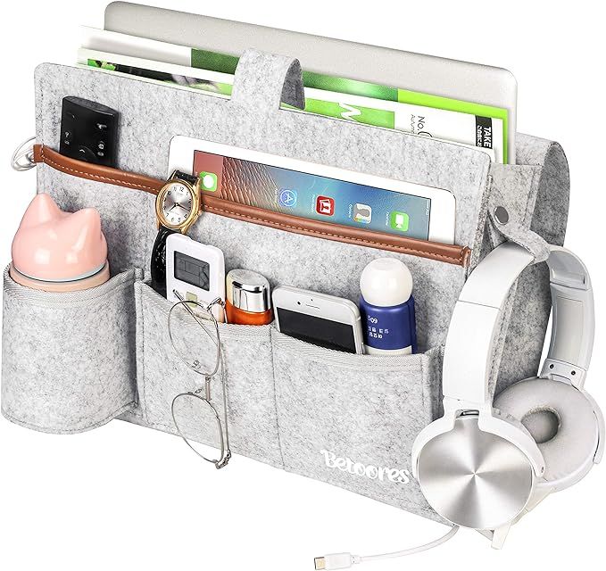 Bedside Organizer Caddy, Felt Bed Storage Organizer Hanging Bag with 8 Pockets, Magazine Book Pho... | Amazon (US)