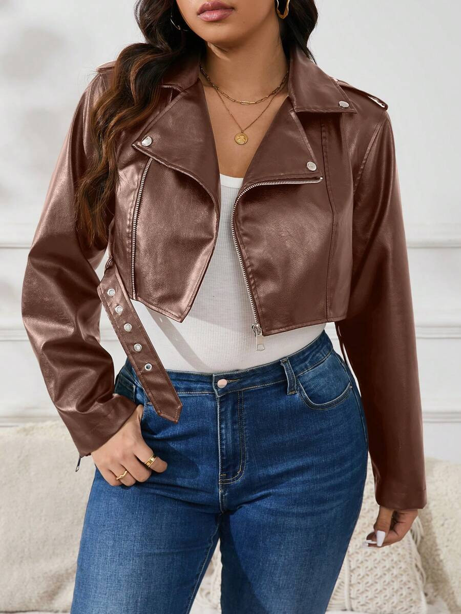 SHEIN Essnce Plus Size Women Motorcycle Cropped Jacket, Black, Fashionable Casual | SHEIN