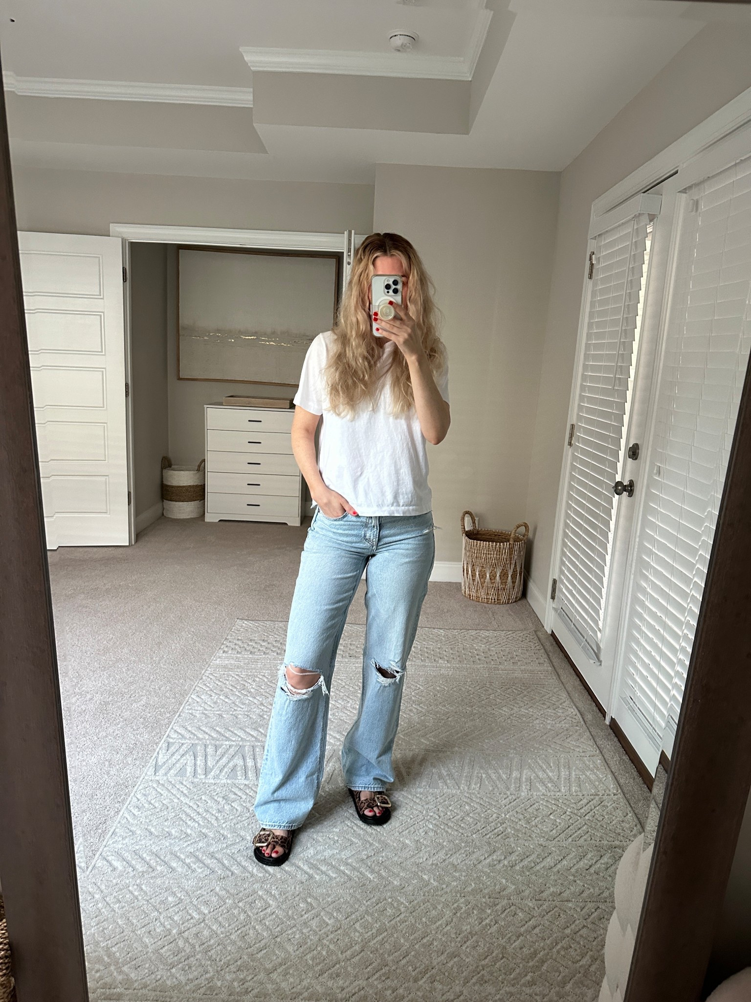 Relaxed spring outfit. Memorial Day sale on American eagle jeans and tops + more! My distressed wide leg stovepipe jeans are on sale for Memorial Day. My lux cropped white tee shirt is also on sale for Memorial Day!! 

Sizes:
Jeans - 4 xLong (I’m 5’7”)
Top - xsmall (this top runs large)
Leopard print sandals - true to soze 7.5

#LTKSaleAlert #LTKFindsUnder50