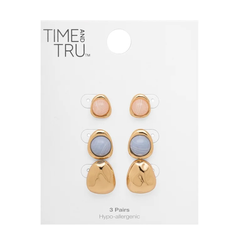 Time and Tru Women's Gold Tone Stud Earring Set with Resin Accents Minimalist Design | Walmart (US)