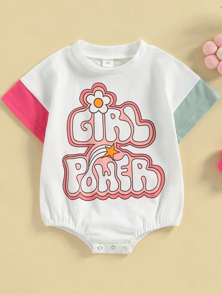Baby Girl Colorblock Floral Letter Print Bodysuit | SHEIN