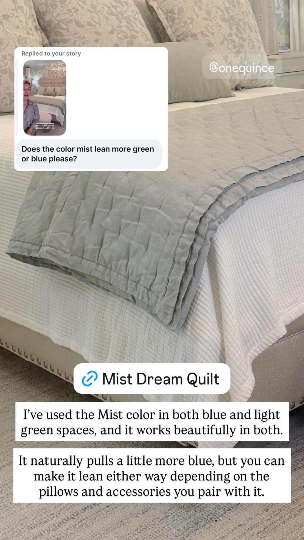 I’ve used the Mist color in both blue and light green spaces, and it works beautifully in both. It naturally pulls a little more blue, but you can make it lean either way depending on the pillows and accessories you pair with it.

#LTKHome #LTKOver40