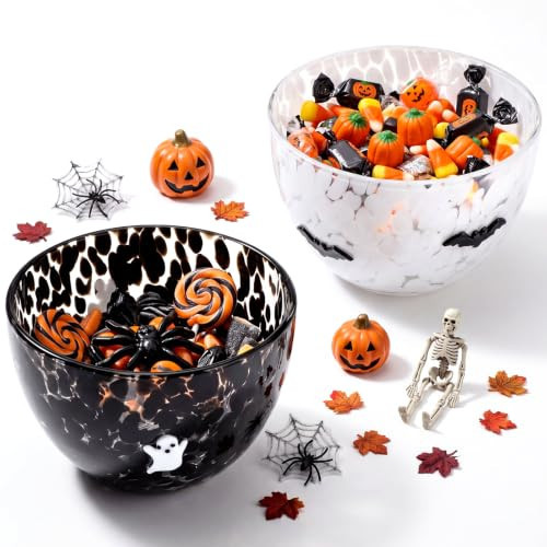 FoldTier 2 Pcs Halloween Icon Snack Bowl, 14oz Clear Glass Candy Dessert Bowls with Ghost and Bat Design, Spooky Serving Bowls for Halloween Gifts Party Favors Table Decoration Supplies | Amazon (US)